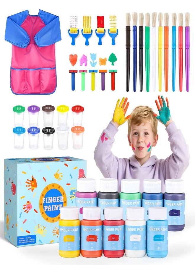 TMOL Washable Paint for Kids, 10 Colors (2 fl oz) 40 Pcs Non-Toxic Finger Paint Kit with Brushes, Sponge, Smock, Toddler Art Supplies for Painting, Craft & School Projects - Image 1